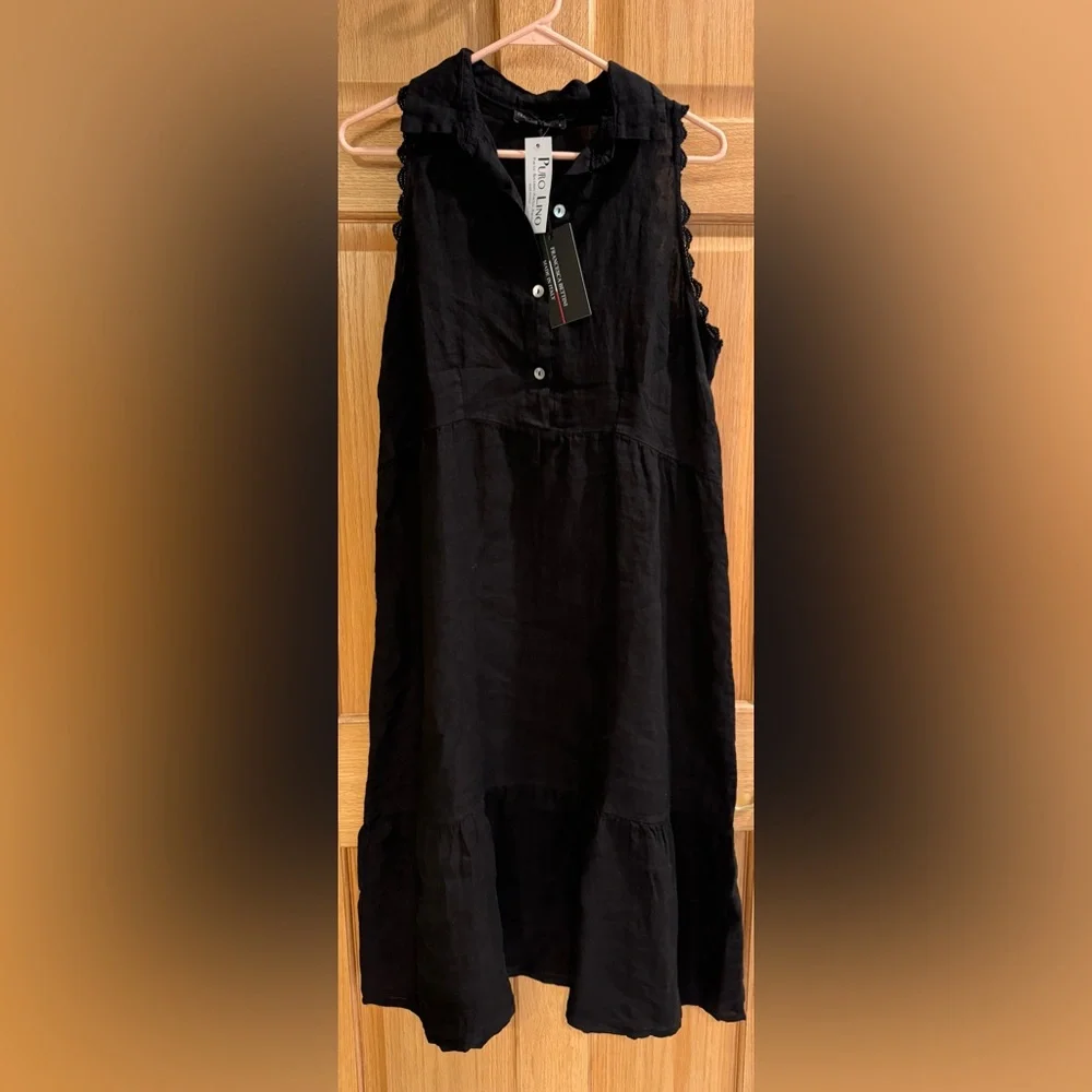 Black Sleeveless Linen Midi Dress with Collar - Picture 1 of 3